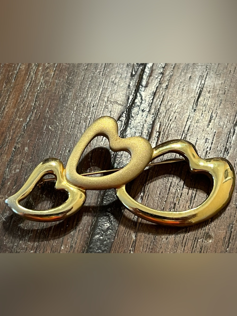 Authentic Vintage Courreges Paris AC Logo Gold Tone Triple Heart Brooch Pin